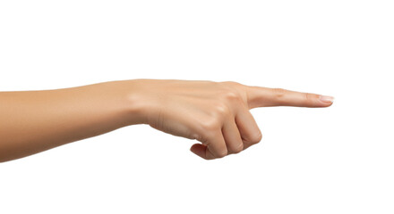 Photorealistic female hand precisely pointing index finger right to left, slender and smooth, isolated on transparent background, png