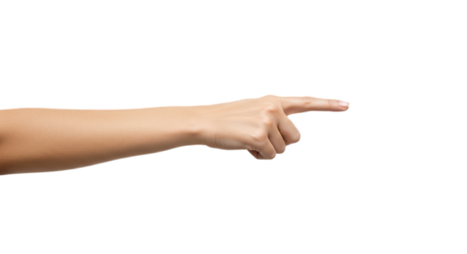 Female hand pointing index finger to right, smooth illumination, inverse composition, isolated on transparent background, png