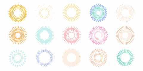 Collection of abstract sunbursts and starbursts in pastel colors on a white background