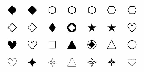Fototapeta premium Collection of diverse geometric and symbolic shapes in black and white outlines and solid fills