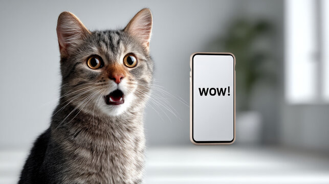 Surprised cat with smartphone, wow text, cute pet, modern home, funny animal, digital device, playful mood