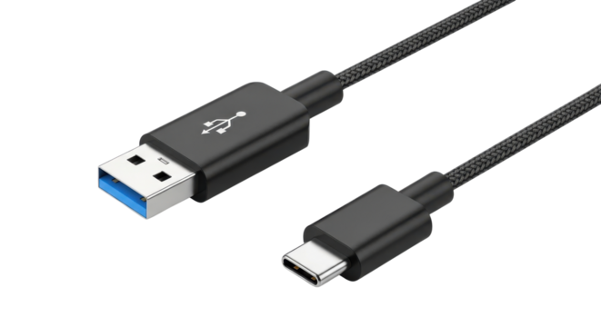 Modern black USB Type C and Type A charging and data transfer cable isolated PNG with Transparent Background