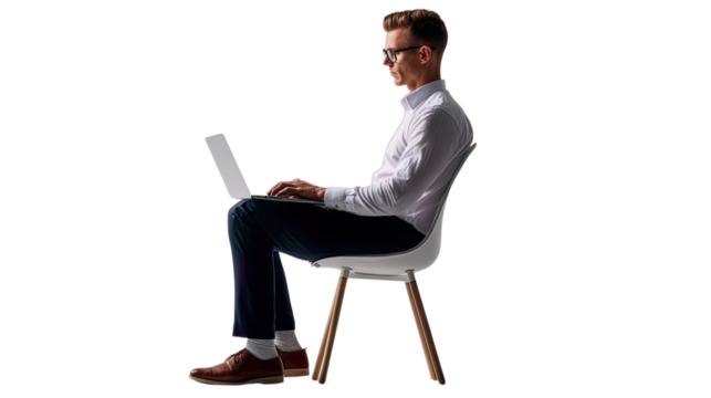 Transparent Cutout of a Focused Young Man in Glasses and a White Shirt, Sitting and Typing on a Silver Laptop, Representing Productivity and Modern Work