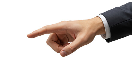 Photorealistic man's hand, index and middle fingers V-shape left, high detail, minimalism. Isolated on transparent background, png