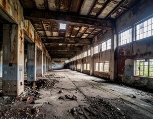 Wide-angle view inside a vast, abandoned factory hall, showcasing textured rusty walls, broken windows, and a sense of decay and scale.