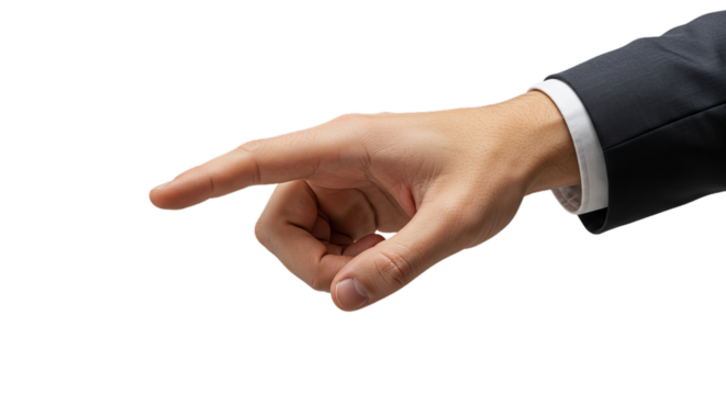 Photorealistic man's hand, index and middle fingers V-shape left, high detail, minimalism. Isolated on transparent background, png