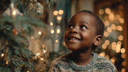 Little African American boy looks smiling at a Christmas tree