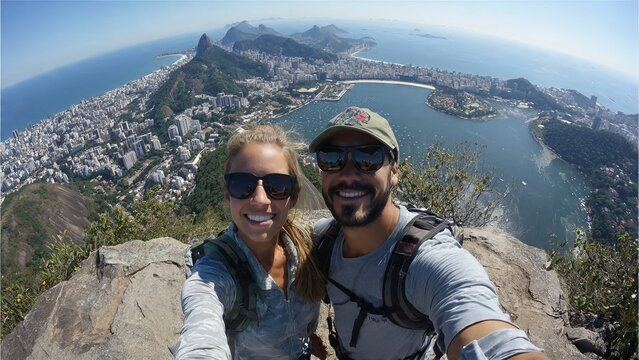 Tourist couple taking a selfie with the city of Rio de Janeiro in the background - Powered by Adobe