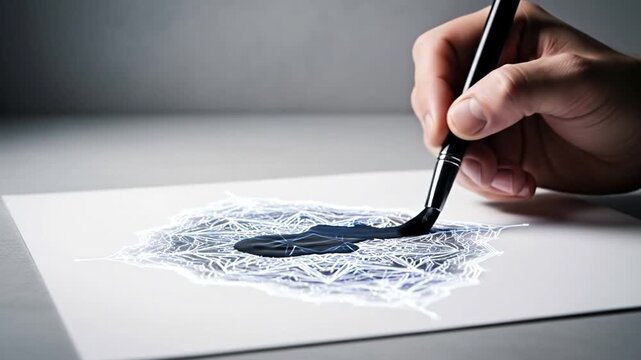 A simple brush in an artist's hand brings to life a complex and intricate abstract ink drawing on a clean white surface