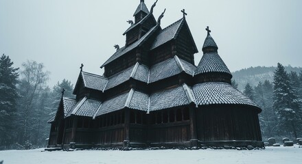 Borgund Stave Church Norway Ancient Viking Architecture Winter Scene