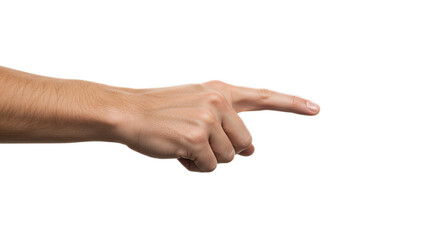 Photorealistic close-up, palm down, index extended horizontally, soft crisp focus, pure white. Isolated on transparent background, png