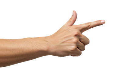 Photorealistic close-up man's hand palm down, index outward, authentic skin tones. Isolated on transparent background, png