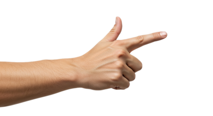 Photorealistic close-up man's hand palm down, index outward, authentic skin tones. Isolated on transparent background, png
