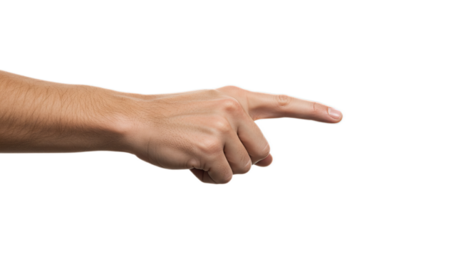 Photorealistic close-up, palm down, index extended horizontally, soft crisp focus, pure white. Isolated on transparent background, png