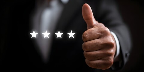 Businessman Giving Thumbs Up Gesture With Stars in Background to Represent Feedback and Rating Concept
