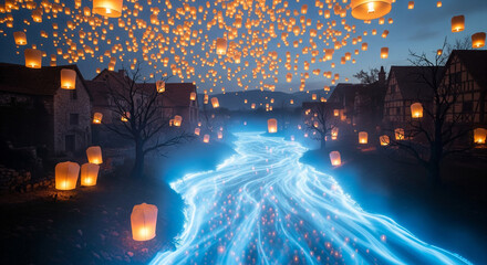 Obraz premium River of light: lanterns float above a village at dusk.