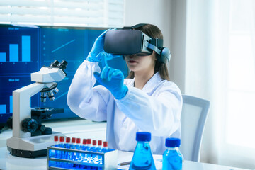 An Asian female scientist in a modern lab interacts with 3D holographic data using VR/MR headset, integrating microscopy, chemical analysis,computational biotechnology immersive, advanced scientific