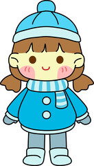Cute Little Girl in Blue Winter Outfit with Hat and Scarf Clipart Illustration