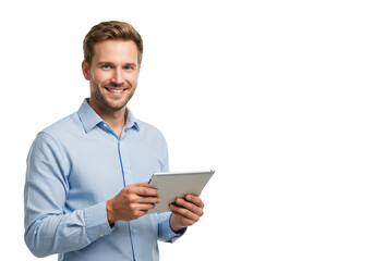 Smiling man in blue shirt holds tablet and looks at camera with copy space transparent background