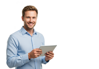 Smiling man in blue shirt holds tablet and looks at camera with copy space transparent background