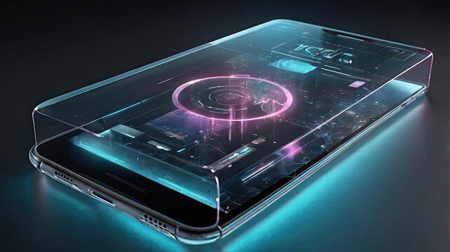 Experience cutting edge technology with a futuristic transparent smartphone displaying vibrant digital interfaces and glowing circuits, perfect for innovation and future concepts