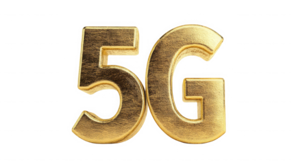 Golden five g symbol on a black background in a studio shot close up on transparent background