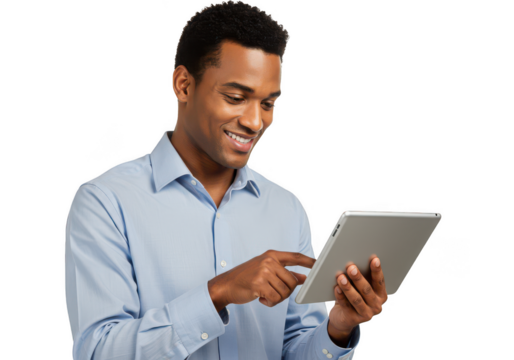 Smiling man interacting with digital tablet device in a professional setting transparent background