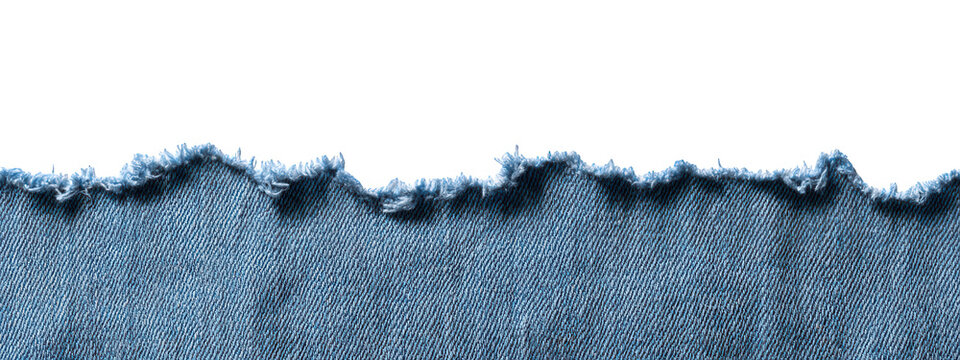 Blue denim fabric with Ripped torn frayed edge isolated on transparent background