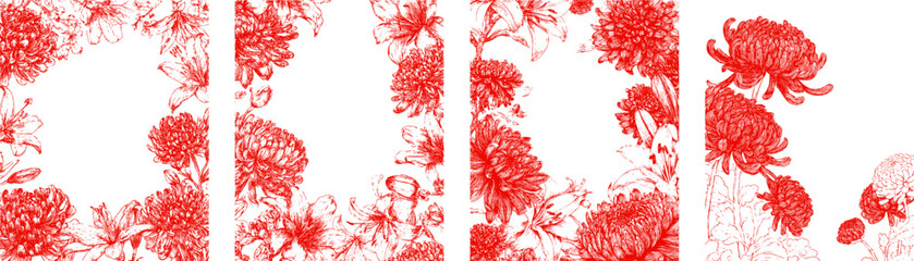Fototapeta premium Red floral frame with crayon pencil draw chrysanthemums. Asian botanical line art border.