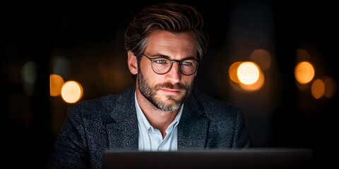 Thoughtful businessman with glasses working late at night on laptop in a modern office environment with warm lighting