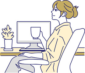 在宅ワークの合間に休憩する女性　png