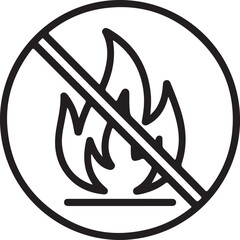 Black and white line drawing of a no fire symbol with flames inside a circle