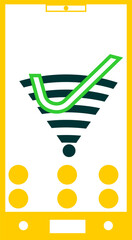 The image shows a cell phone with a green checkmark on the Wi-Fi icon.