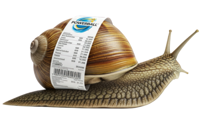 A snail with a Powerball lottery ticket wrapped around its shell, symbolizing slow progress or a long wait for a win.