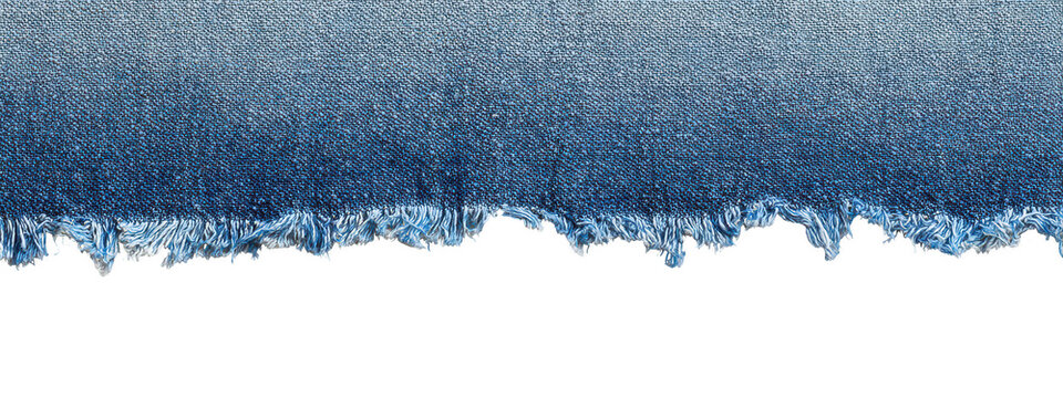 Blue denim fabric with Ripped torn frayed edge isolated on transparent background