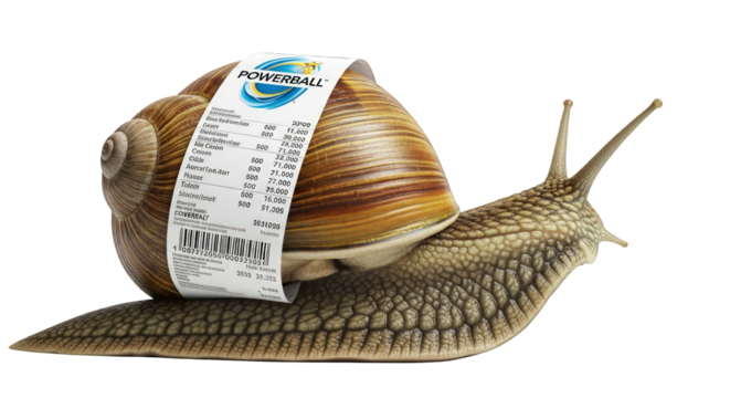 A snail with a Powerball lottery ticket wrapped around its shell, symbolizing slow progress or a long wait for a win.