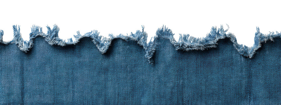 Blue denim fabric with Ripped torn frayed edge isolated on transparent background