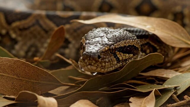 black headed python snake - A close-up view of a snake camouflaged among dried leaves, showcasing its intricate scales and stealthy nature in a natural habitat. Light filters through the foliage