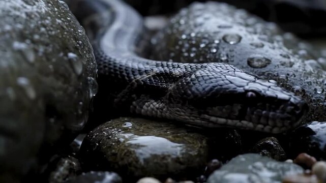 black headed python snake - A close-up of a sleek, black snake intertwining among wet, glossy stones, glistening with droplets of water, highlighting its scales and nature's textures