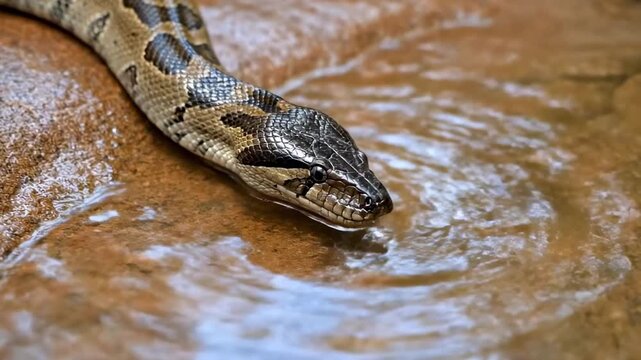 black headed python snake - A close-up of a snake with intricate patterns resting near water, creating ripples in the surface while surrounded by natural rocky terrain