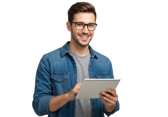 Young man in denim shirt and glasses smiling while using a tablet computer transparent background