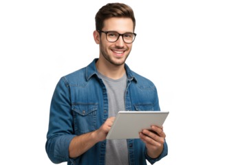 Young man in denim shirt and glasses smiling while using a tablet computer transparent background