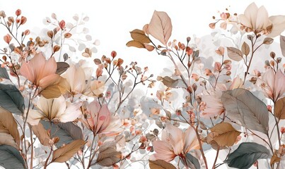 Delicate flower pattern with soft pastel colors, botanical leaves, and blooming floral shapes create serene, elegant, and artistic nature inspired background