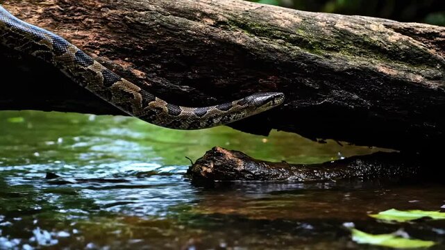 black headed python snake - A close-up of a snake gracefully slithering along a mossy log above tranquil water, surrounded by lush greenery and soft reflections, creating a serene natural scene