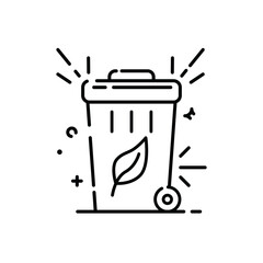 Recycling bin with leaf symbol and radiating lines on transparent background clean simple line art illustration eco friendly concept