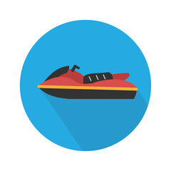 Red and Black Personal Watercraft With Yellow Accents and Long Shadow on Blue Circular Background Flat Design Vector Illustration