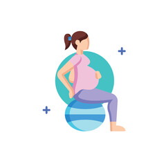 Pregnant Woman in Light Pink Shirt and Lavender Leggings Sits on a Blue Exercise Ball with Teal Circles and Blue Plus Signs on White Background