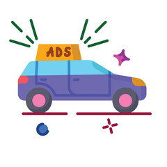 Purple Car With Yellow Ads Sign On Roof Green Light Rays And Pink Sparkles On Transparent Background Flat Illustration