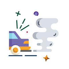Purple Sedan Emitting Smoke With Green Sparkles And Purple Orb On Transparent Background Flat Design