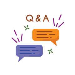 Q&A text bubbles and sparkles with brown text and purple and orange speech bubbles on a transparent background representing communication and questions